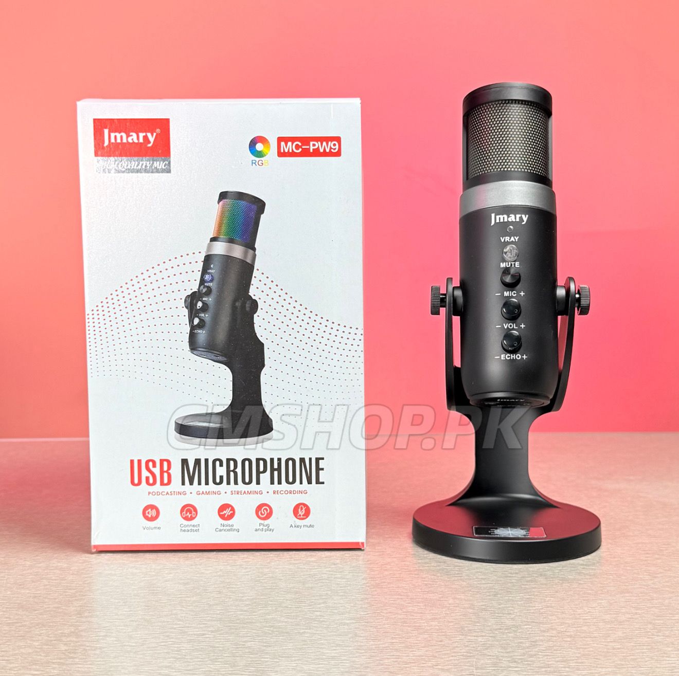 Mikrofoni USB Jmary MC-PW9 me Ndriçim RGB, me ndriçim modern LED/RGB, për vlog, intervista dhe transmetime live, e zezë me dritë rgb