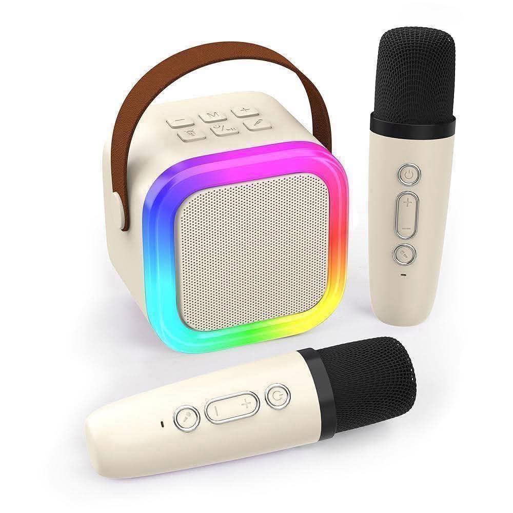 Altoparlant Karaoke me 1 Mikrofon Wireless dhe Ndriçim RGB, me ndriçim modern LED/RGB, për vlog, intervista dhe transmetime live, e bardhë/krem