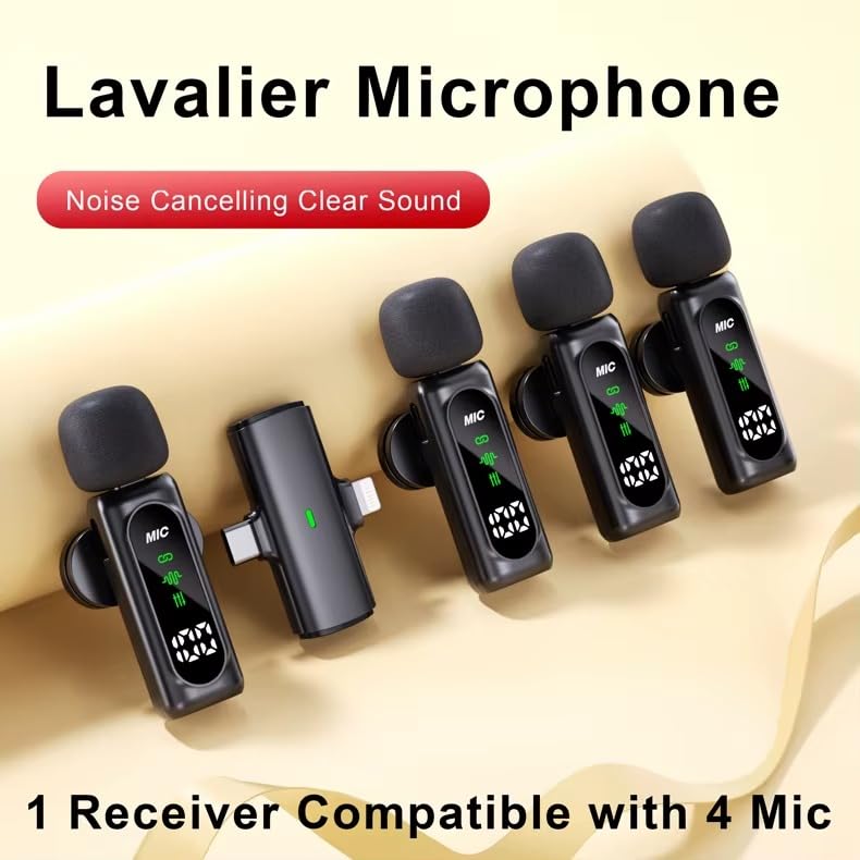 Sistem Mikrofonash Lavalier Wireless T90 1-to-4 (4 Mikrofona), me lidhje Bluetooth pa tela, për vlog, intervista dhe transmetime live, ngjyrë e zezë
