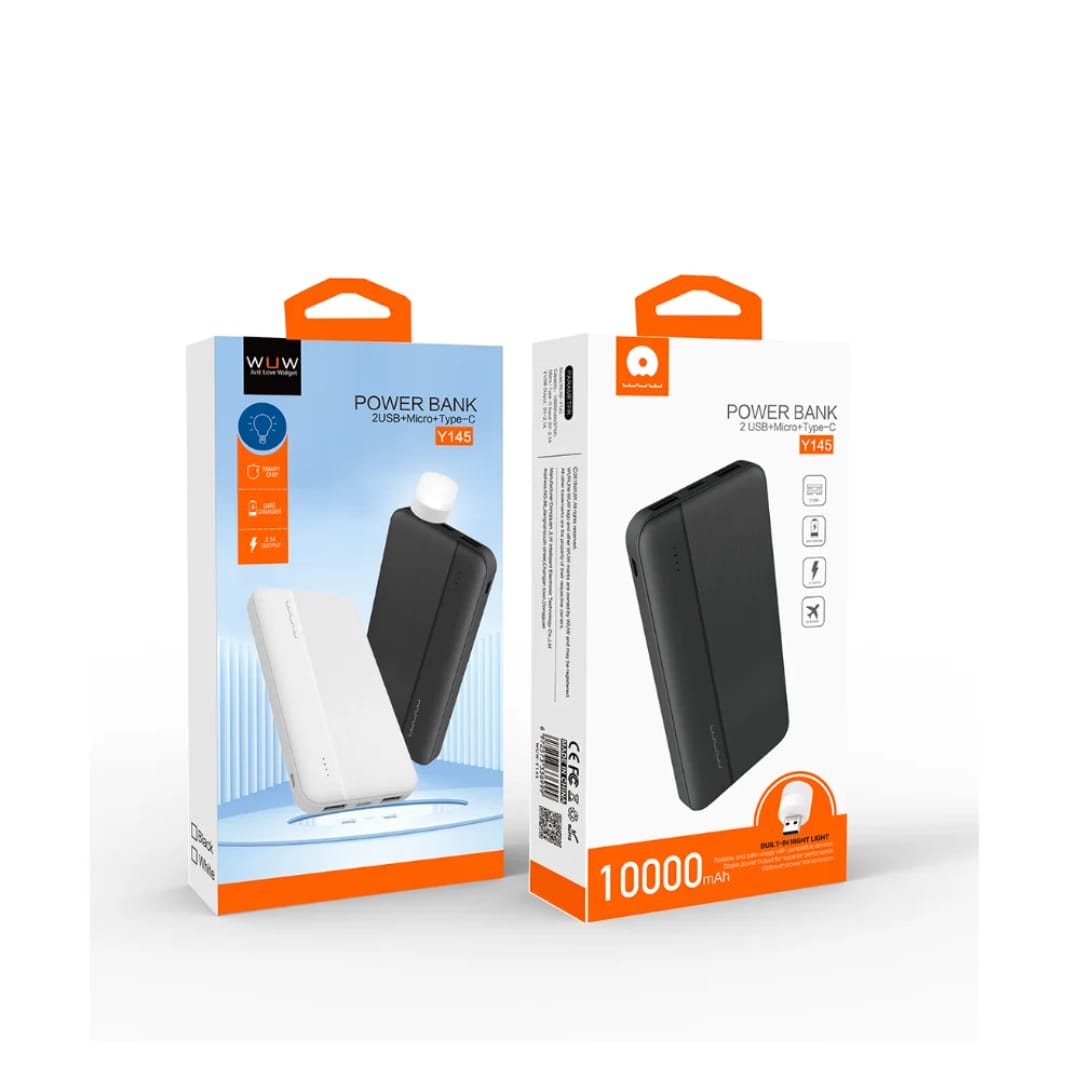 Power Bank WUW Y145 me Kapacitet 10,000mAh (E Zezë), për energji rezervë gjatë ditës, për përdorim të përditshëm, ngjyrë e zezë