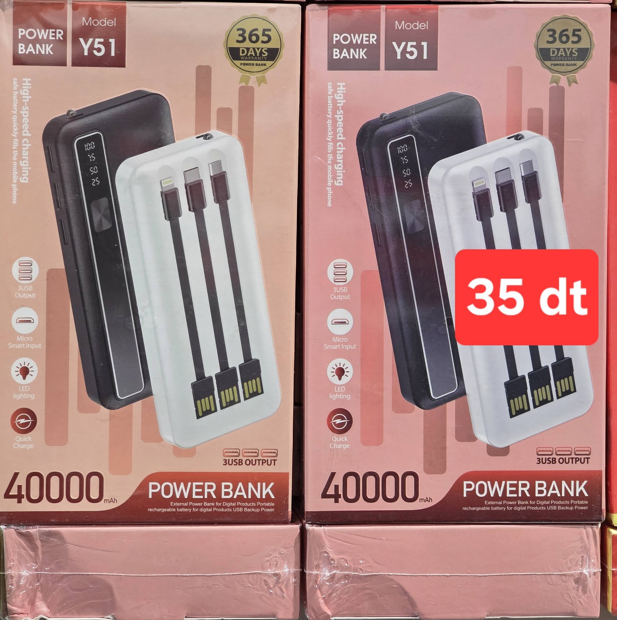 Power Bank i Fuqishëm Y51 40,000mAh me 4 Kabllo të Integruara, me dizajn modern dhe funksional, për shtëpi, zyrë dhe udhëtime, ngjyrë e zezë
