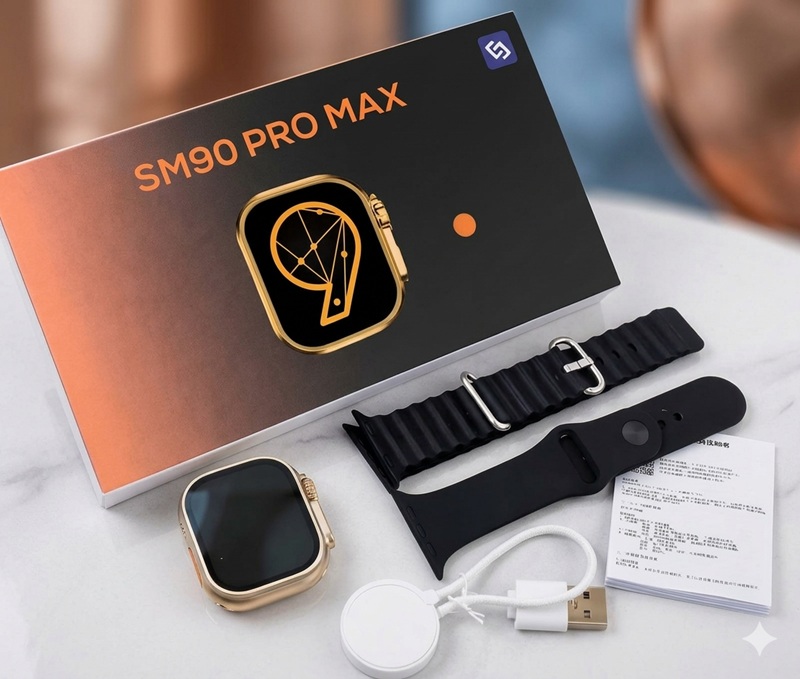 Orë Inteligjente SM90 Pro Max (Me 2 Rripa), për njoftime, sport dhe përdorim ditor, kornizë ari me rripa të zinj