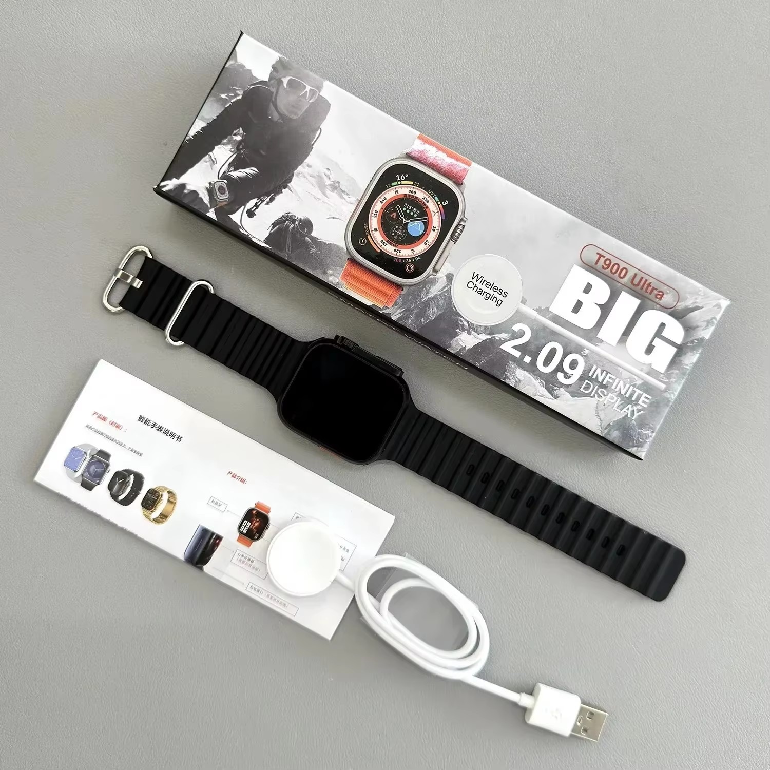 Orë inteligjente OrÃ« Inteligjente T900 Ultra BIG (2.09 Ekran), për njoftime, sport dhe përdorim ditor, kornizë argjendi me rrip portokalli