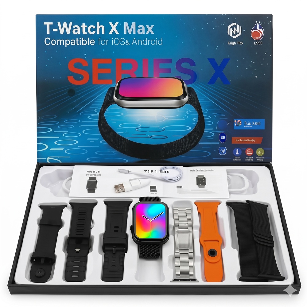 Ora e Mençur T-Watch X Max Series X (Set me rripa të ndryshëm), për njoftime, sport dhe përdorim ditor, e zezë/set multi-ngjyrësh
