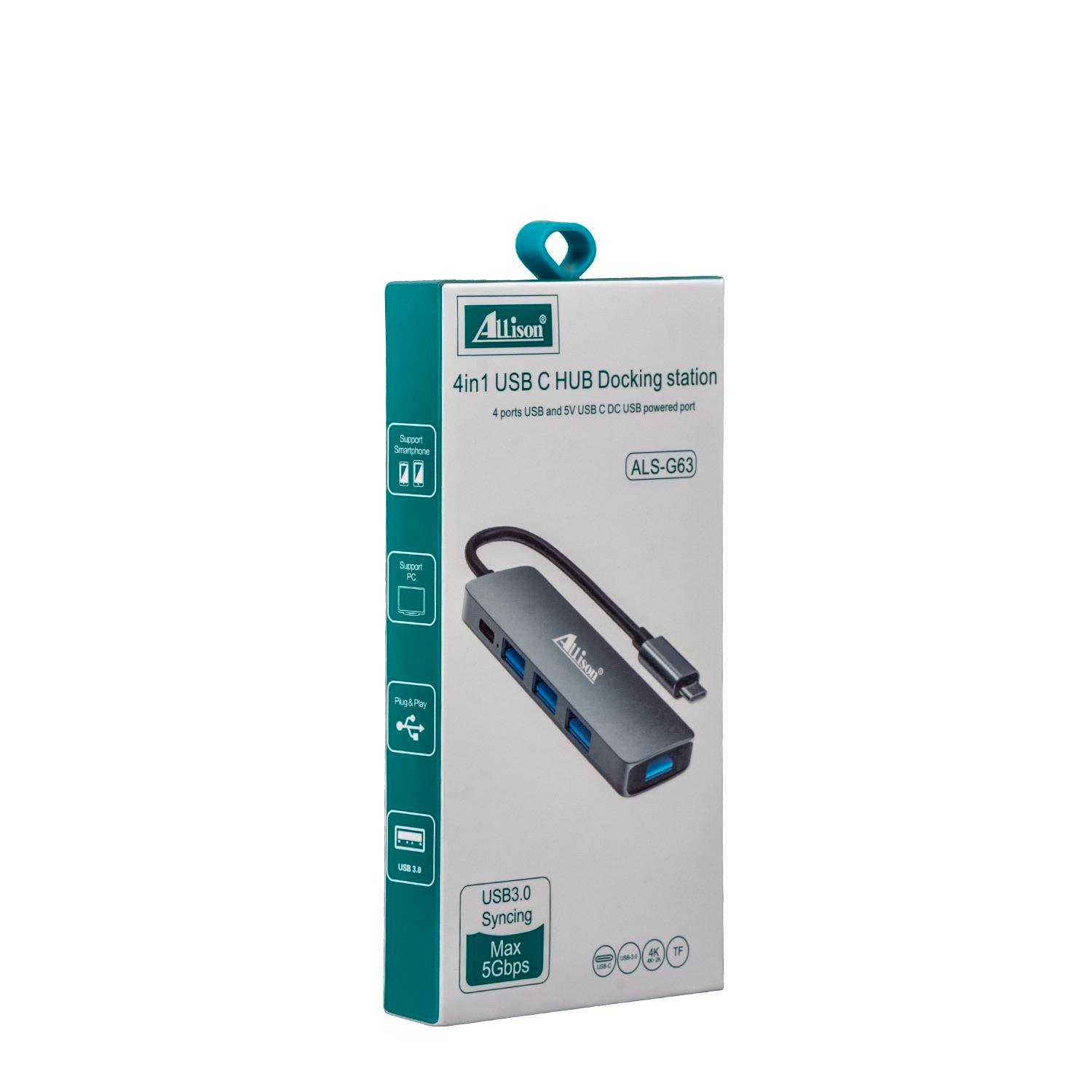 Hub USB-C 4 në 1 Docking Station Allison ALS-G63, me dizajn modern dhe funksional, për shtëpi, zyrë dhe udhëtime, gri (alumin)