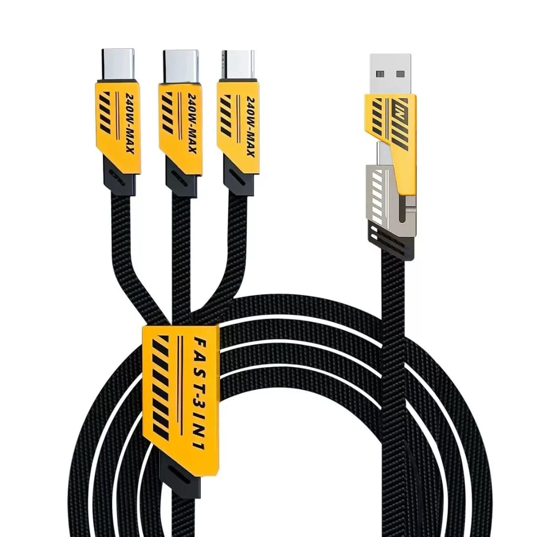 Kabllo Karikimi 3-në-1 Type-C 240W Max, me dizajn modern dhe funksional, për shtëpi, zyrë dhe udhëtime, e verdhë/e zezë