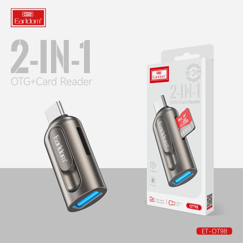 Earldom 2-në-1 Lexues Kartash & OTG Adapter (USB-C), me dizajn modern dhe funksional, për shtëpi, zyrë dhe udhëtime, hiri (gunmetal)