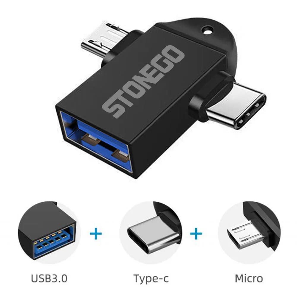 Adaptor OTG 3-në-1 Stonego (Type-C, Micro, USB 3.0), me dizajn modern dhe funksional, për shtëpi, zyrë dhe udhëtime, ngjyrë e zezë