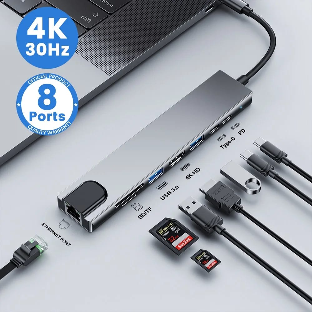 Hub USB-C 8-në-1 prej Alumini (Me Adaptor të Dyfishtë), me dizajn modern dhe funksional, për shtëpi, zyrë dhe udhëtime, argjend hiri (space gray)