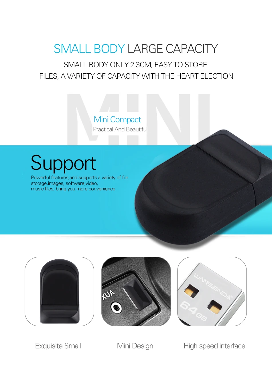 Mini USB Flash Drive Wansenda 8GB Metalike, për ruajtje dhe transferim të të dhënave, për kompjuter, punë dhe ruajtje të të dhënave, argjend me të zezë