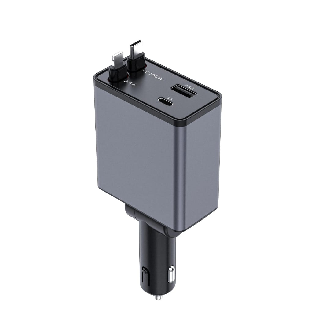 Karikues Makine me Kabllo të Integruara (100W PD), me karikim të shpejtë, për përdorim në veturë, gri/hiri