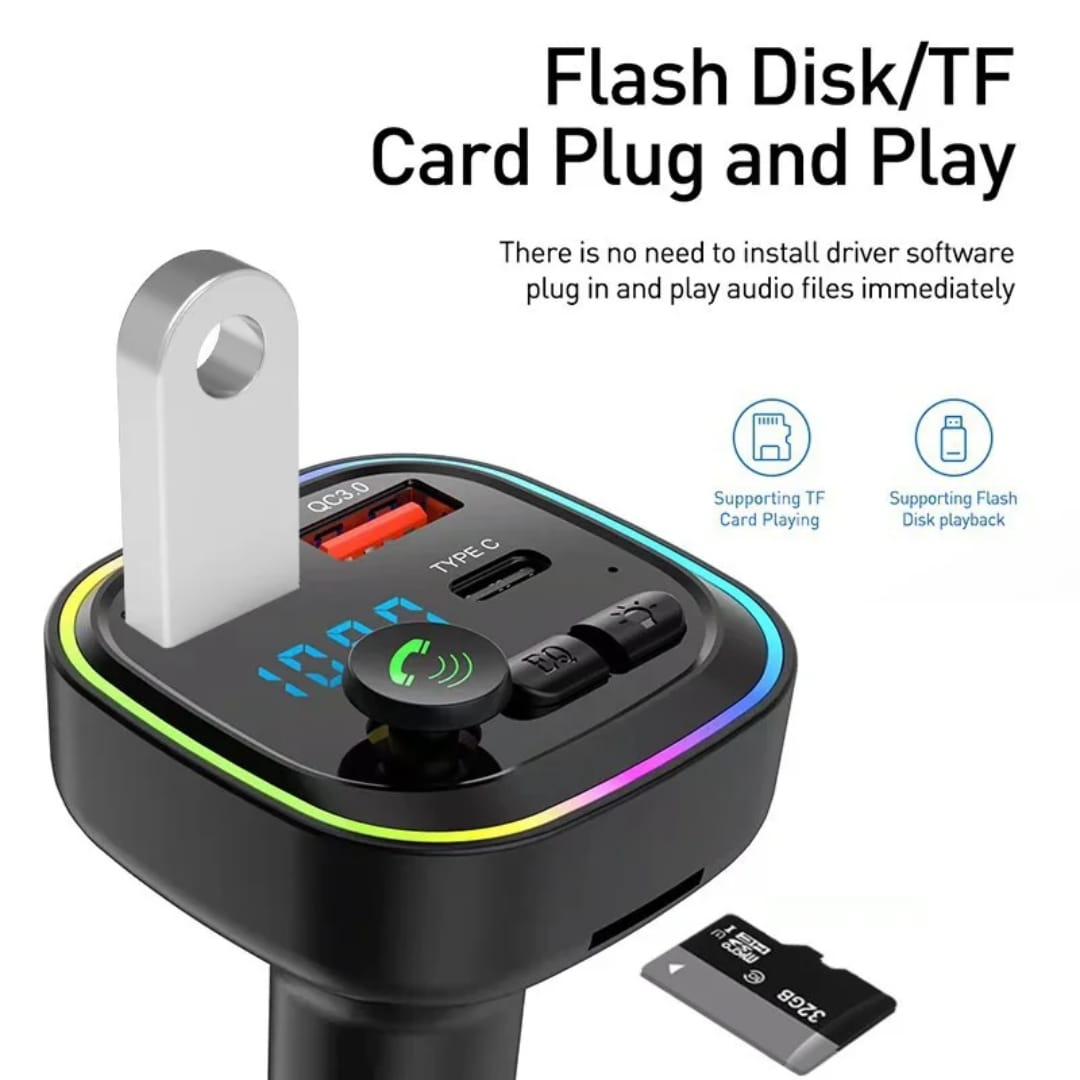 Modulator FM & Karikues Makine me Lexues Karte TF dhe USB + C type, me dizajn modern dhe funksional, për përdorim në veturë, e zezë me detaje rgb