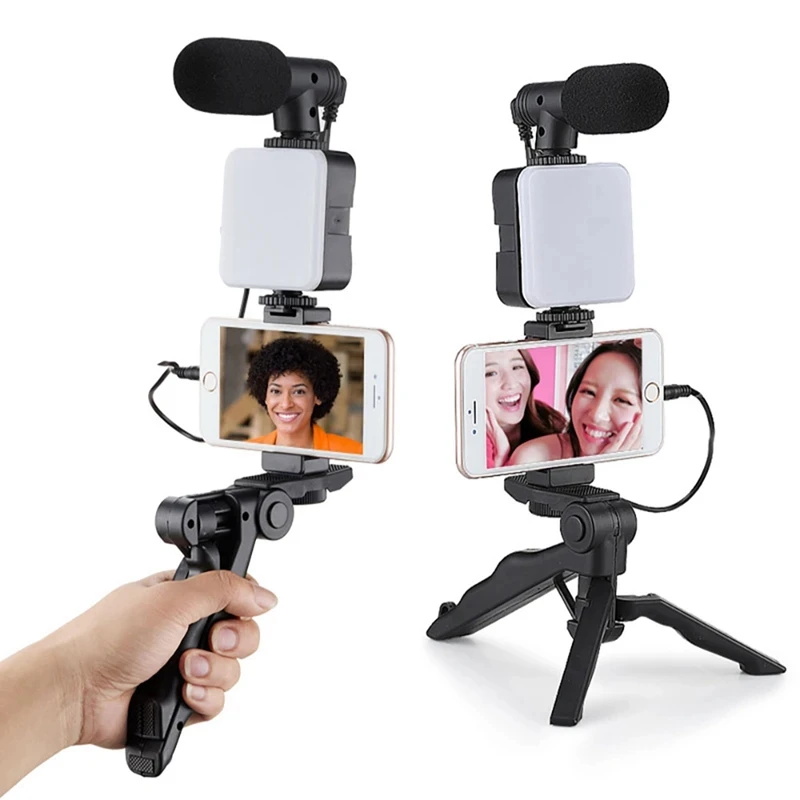 Selfie Stick - Set Krijuesi Video: Tripod, Dritë LED, Mikrofon dhe Telekomandë, me ndriçim modern LED/RGB, për vlog, intervista dhe transmetime live, ngjyrë e zezë
