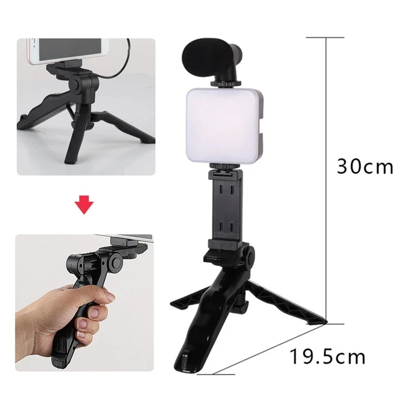 Selfie Stick - Set Krijuesi Video: Tripod, Dritë LED, Mikrofon dhe Telekomandë, me ndriçim modern LED/RGB, për vlog, intervista dhe transmetime live, ngjyrë e zezë