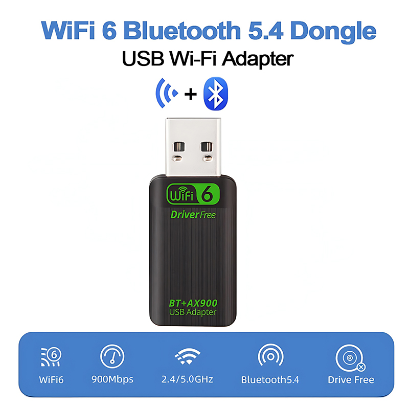 Adaptor USB WiFi 6 & Bluetooth 5.4 (AX900), për performancë të qëndrueshme, për kompjuter, punë dhe ruajtje të të dhënave, ngjyrë e zezë