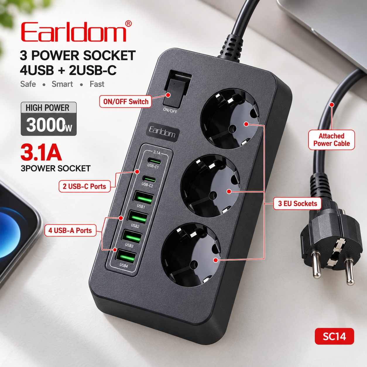 Zgjatues Elektrik Earldom SC14 me 3 Priza, 4 USB-A dhe 2 USB-C – foto 4