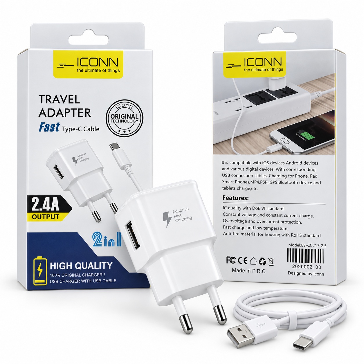 Adapter Karikimi iConn 2.4A me USB-A dhe Kabllo USB-C – foto 4