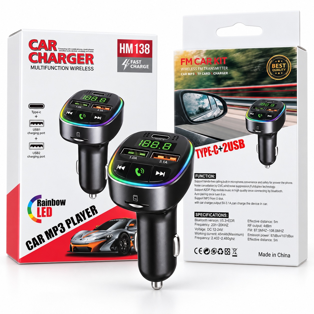 Transmetues FM Bluetooth HM138 për Veturë me USB-C, 2x USB dhe MP3 – foto 4