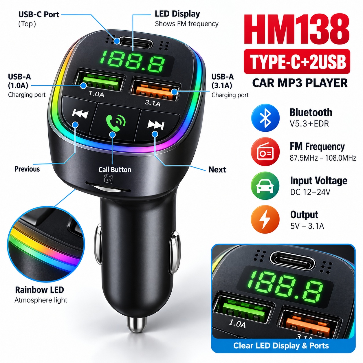 Transmetues FM Bluetooth HM138 për Veturë me USB-C, 2x USB dhe MP3 – foto 5