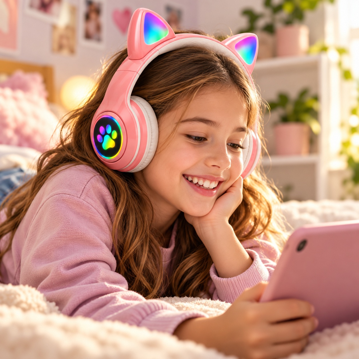 Kufje Wireless B39M Cat Ear me RGB – Rozë – foto 5