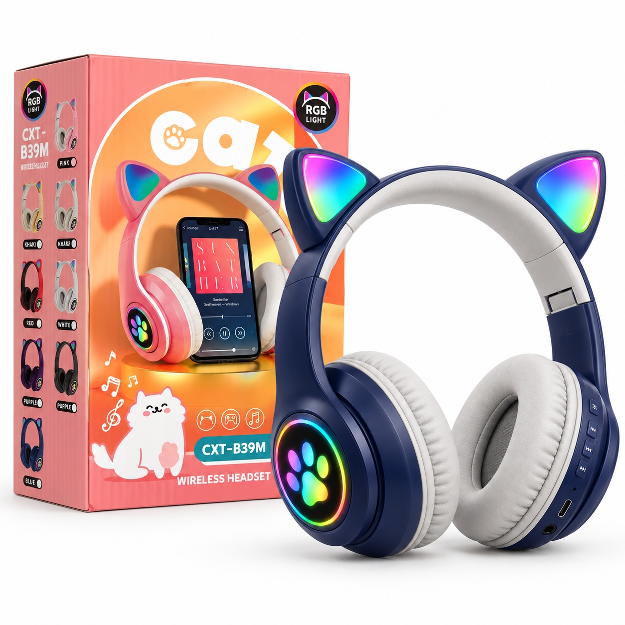 Kufje Wireless B39M Cat Ear me RGB – Të Kaltra – foto 3