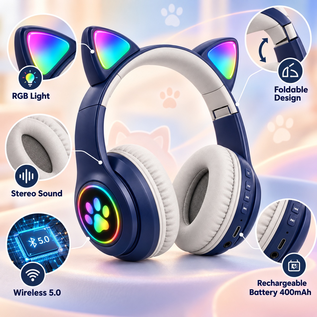 Kufje Wireless B39M Cat Ear me RGB – Të Kaltra – foto 4