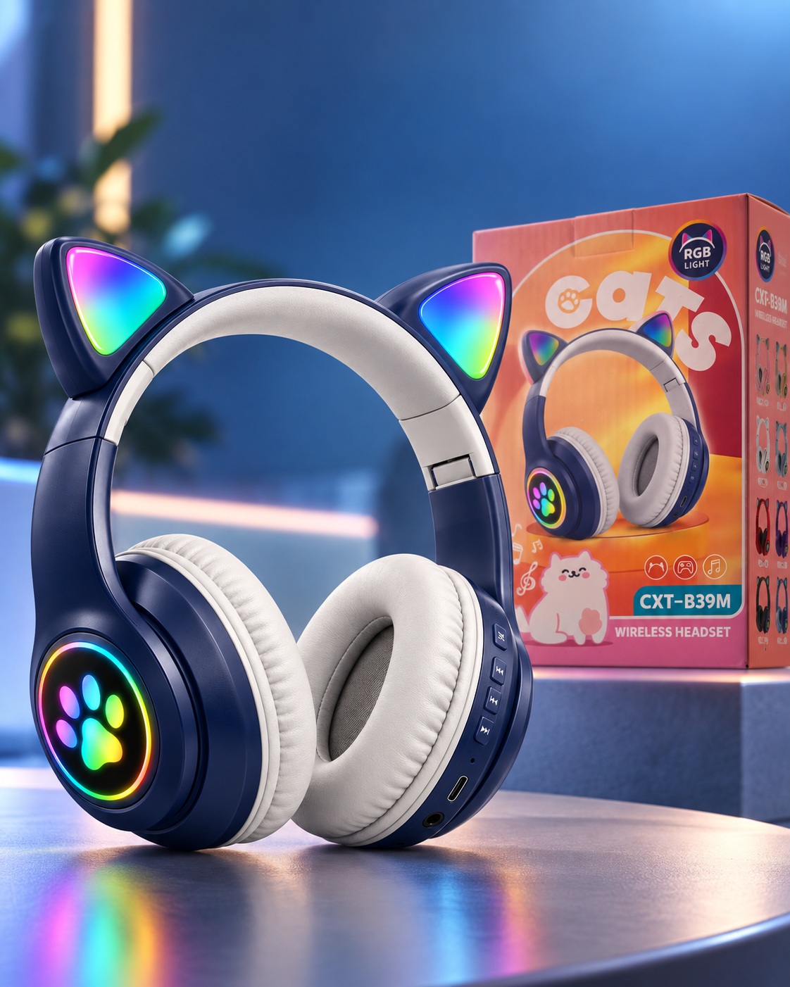Kufje Wireless B39M Cat Ear me RGB – Të Kaltra – foto 6
