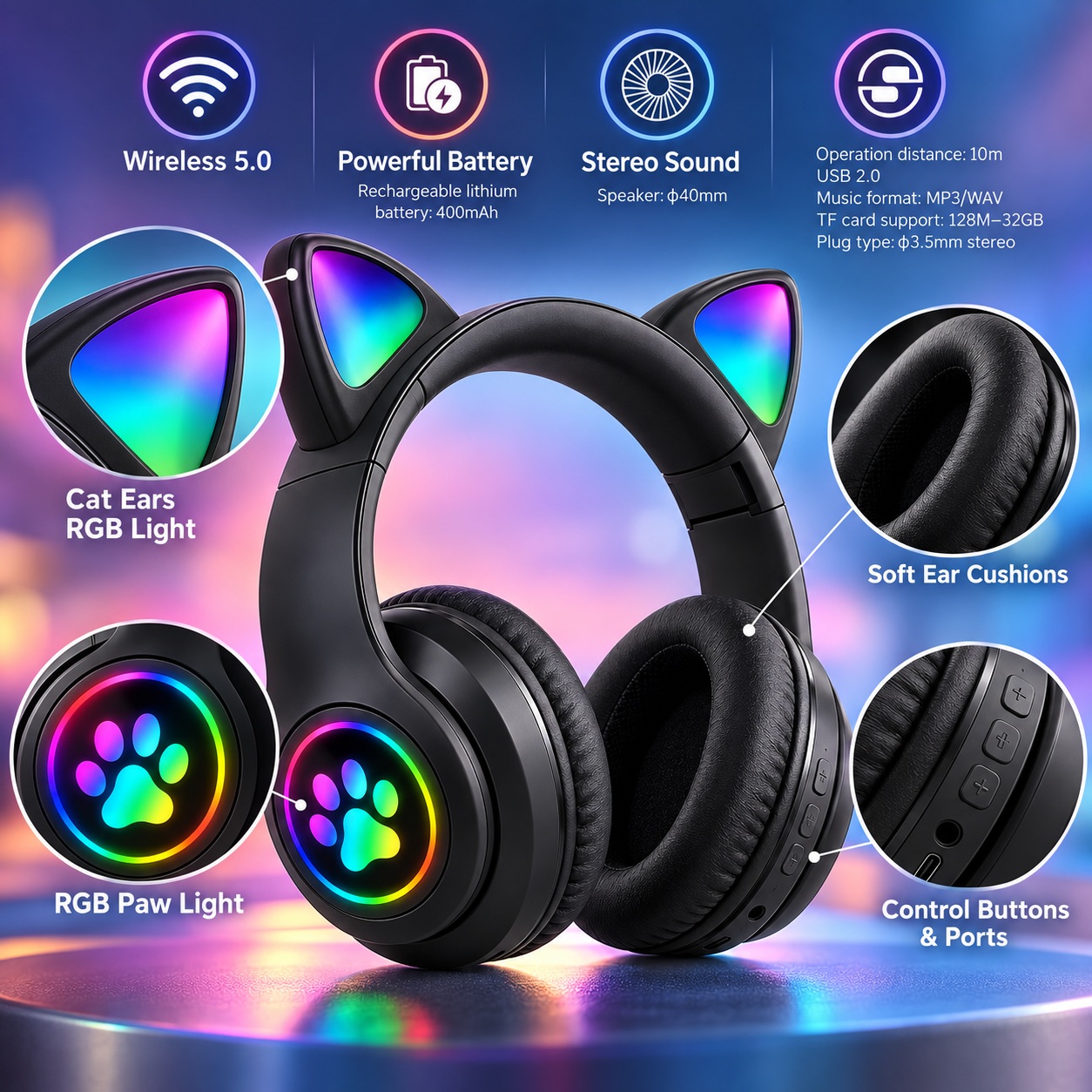 Kufje Wireless B39M Cat Ear me RGB – Të Zeza – foto 5
