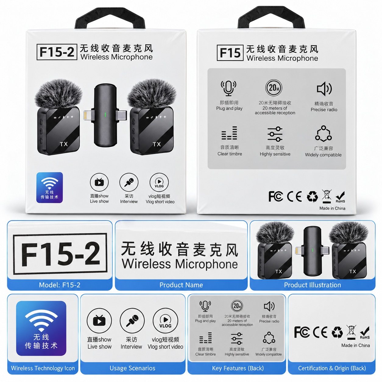Set Mikrofonësh Wireless F15-2 me 2 Transmetues, USB-C dhe Lightning – foto 4